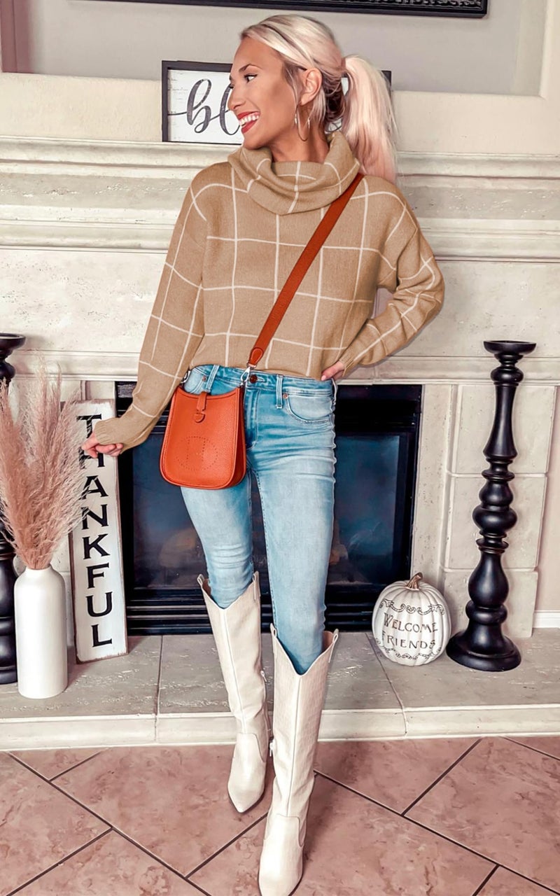 ECOWISH Women Fall Pullover Sweater Turtleneck Plaid Long Sleeve Loose Casual Chunky Checked Knit Winter Sweaters Jumper Tops 014khaki XL - Image 2